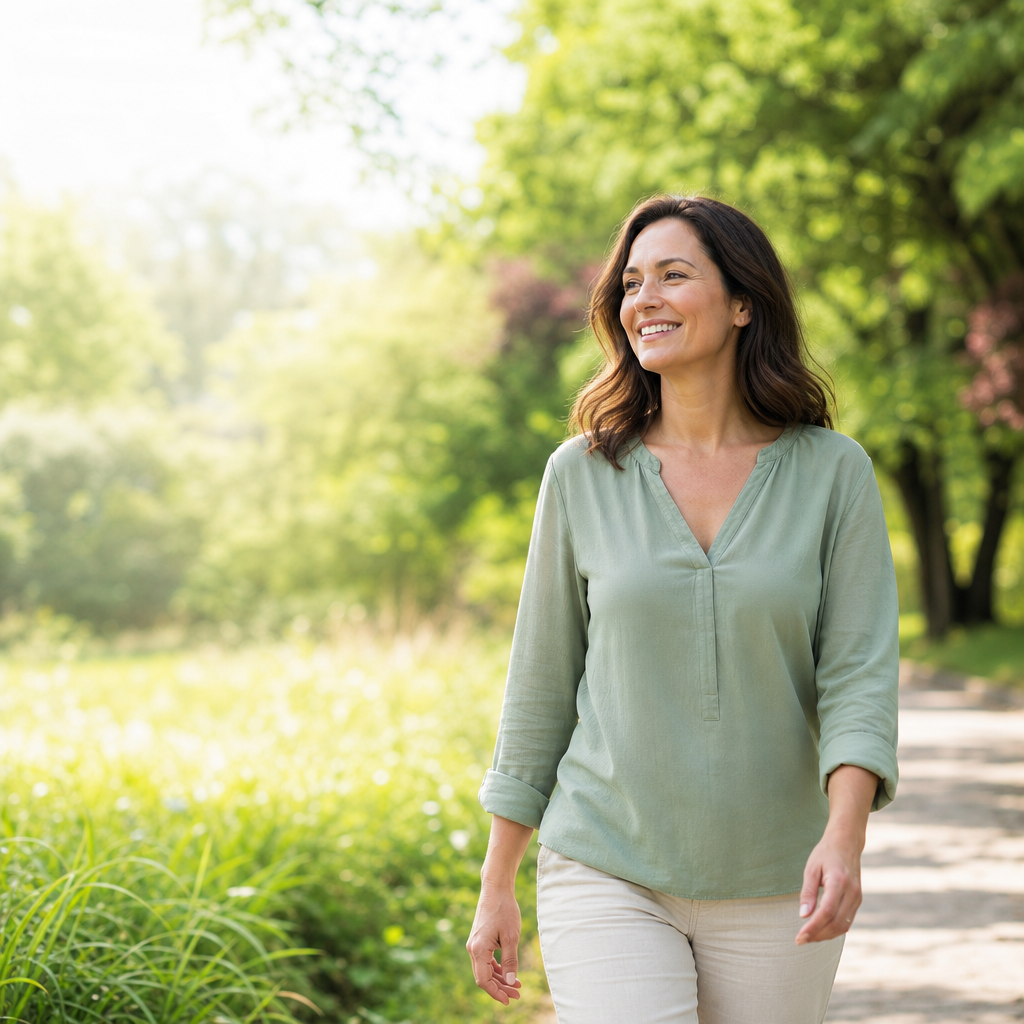 Woman moving confidently through the city, representing life free from anxiety