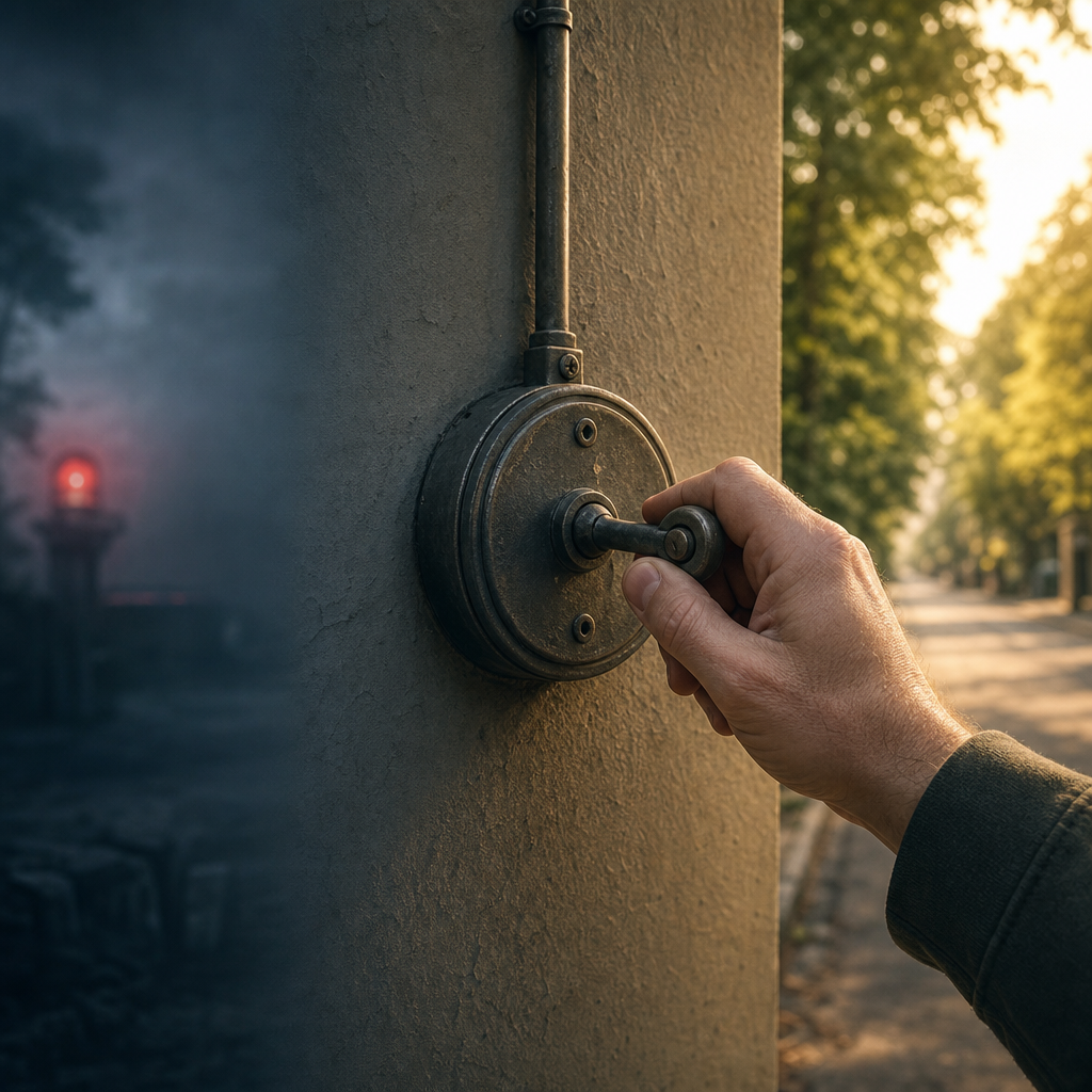 A hand turns a metal switch from a dark alarm-lit space toward a sunlit street